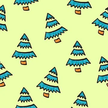 Seamless pattern with blue pine trees and spruces, hand drawn on yellow 스톡 일러스트