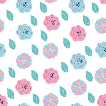 Seamless pattern - blue, pink flowers and leaves Stock Illustration