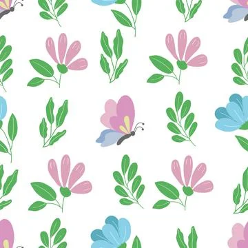 Seamless pattern - blue, pink flowers, butterflies Stock Illustration