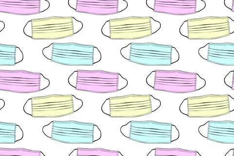 Seamless pattern with blue, pink, yellow medical face masks isolated. Virus p Stock Illustration