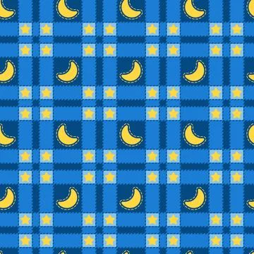 Seamless pattern of blue plaid with a yellow month and stars. Stock Illustration