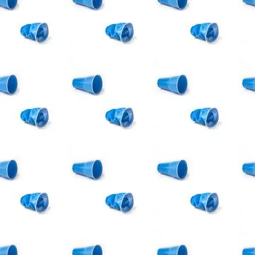 Seamless pattern of blue plastic cups on a white background Stock Photos
