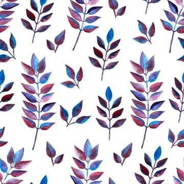 Seamless pattern of blue purple turquoise leaves, hand drawn watercolor elements Illustrazione stock