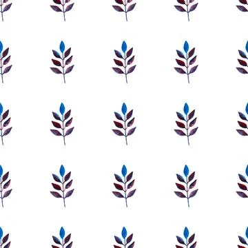 Seamless pattern of blue purple turquoise leaves, hand drawn watercolor elements Illustrazione stock