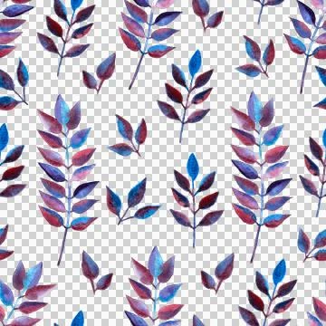 Seamless pattern of blue purple turquoise leaves, hand drawn watercolor elements 스톡 일러스트