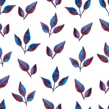 Seamless pattern of blue purple turquoise leaves, hand drawn watercolor elements Illustrazione stock
