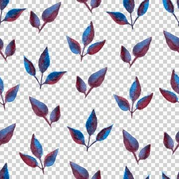 Seamless pattern of blue purple turquoise leaves, hand drawn watercolor elements Illustrazione stock