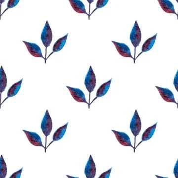 Seamless pattern of blue purple turquoise leaves, hand drawn watercolor elements 库存插图