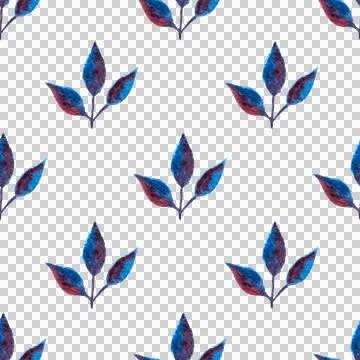 Seamless pattern of blue purple turquoise leaves, hand drawn watercolor elements 库存插图