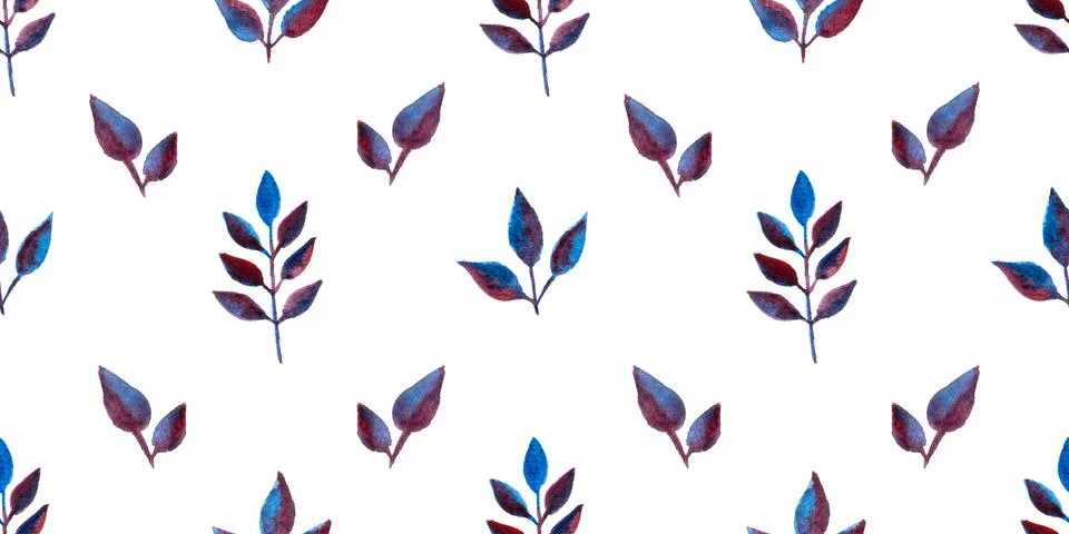 Seamless pattern of blue purple turquoise leaves, hand drawn watercolor elements 库存插图