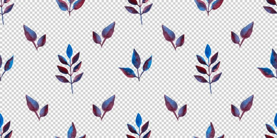 Seamless pattern of blue purple turquoise leaves, hand drawn watercolor elements 스톡 일러스트