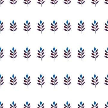 Seamless pattern of blue purple turquoise leaves, hand drawn watercolor elements Illustrazione stock
