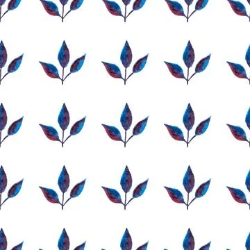 Seamless pattern of blue purple turquoise leaves, hand drawn watercolor elements 스톡 일러스트