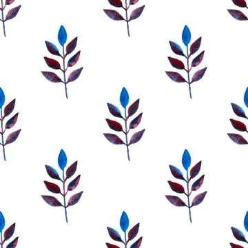 Seamless pattern of blue purple turquoise leaves, hand drawn watercolor elements Illustrazione stock