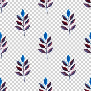 Seamless pattern of blue purple turquoise leaves, hand drawn watercolor elements Illustrazione stock