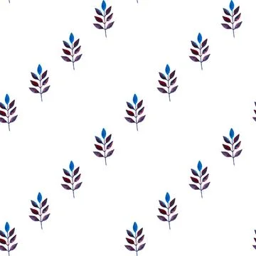 Seamless pattern of blue purple turquoise leaves, hand drawn watercolor elements Illustrazione stock