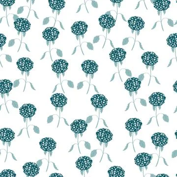 Seamless pattern with blue random hydrangea flowers elements. White backgroun Stock Illustration