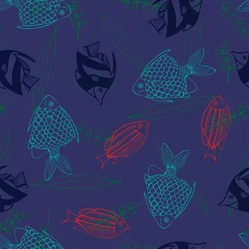 Seamless Pattern with Blue, Red and Green Fish on Dark Blue Background. Illustrazione stock