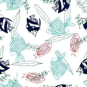 Seamless Pattern with Blue, Red and Green Fish on White Background. Stock Illustration