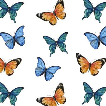 Seamless pattern of blue red and green butterflies on a white background Stock Illustration
