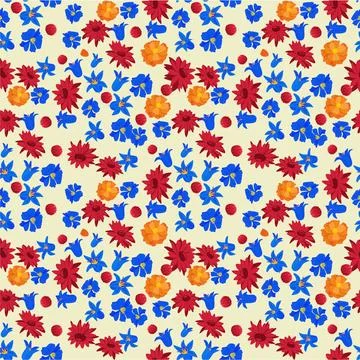 Seamless Pattern with Blue Red Orange Flowers for Summer Decor Stock Illustration