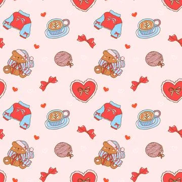 Seamless pattern blue red retro cozy valentine winter preppy coquette bow v.. Stock Illustration