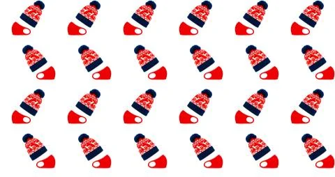 Seamless pattern. Blue-red winter bobble hat, ski or knit hat with deer and red Fotos de archivo