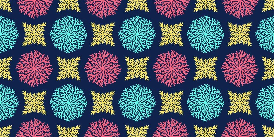 Seamless pattern with blue red yellow reef corals. Geometric coralline textur Illustrazione stock