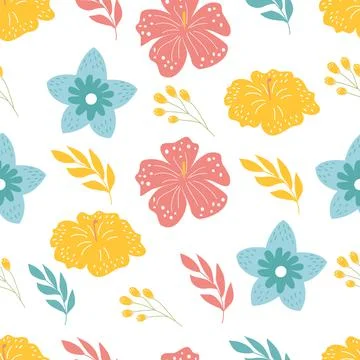 Seamless pattern with blue, red, yellow flowers Stock Illustration