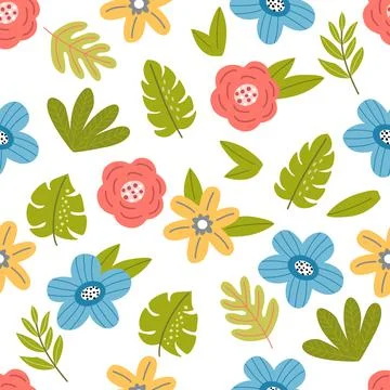 Seamless pattern with blue, red, yellow flowers Stock Illustration