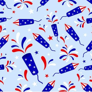 Seamless pattern with blue rockets and fireworks. Patriotic backdrop. Vector  Illustrazione stock
