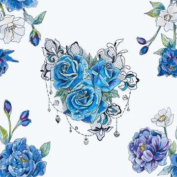 Seamless pattern of blue roses and peonies on a white background. Stock Illustration