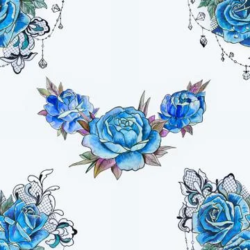 Seamless pattern of blue roses and peonies on a white background. Stock Illustration