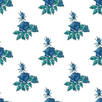 Seamless pattern with blue roses and buds on white background. Illustrazione stock