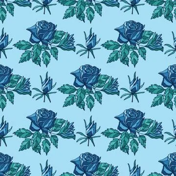 Seamless pattern with blue roses and buds on light blue background. Illustrazione stock