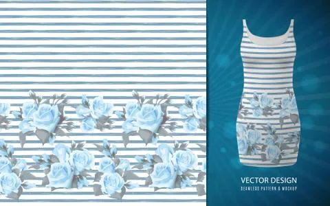 Seamless pattern with blue roses border on white background with strip grunge Stock Illustration