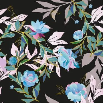 Seamless pattern with blue roses, orchids, lily and green and pink leaves on イラスト素材
