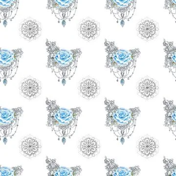 Seamless pattern of blue roses with a pattern and a mandala a white background. Stock Illustration