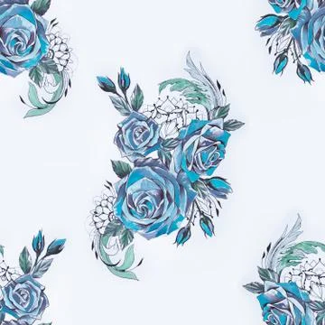 Seamless pattern of blue roses on a white background. Stock Illustration