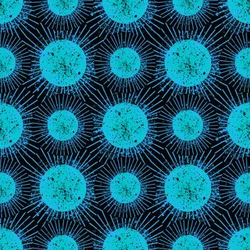 Seamless pattern. Blue round virus microbe on a black background. In the style Stock Illustration
