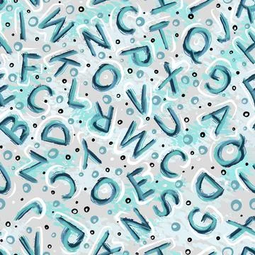 Seamless pattern. Blue scattered English letters of the alphabet. Stock Illustration