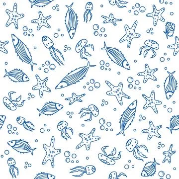 Seamless pattern with blue sea creatures and bubbles, perfect for ocean-the.. Stockillustratie