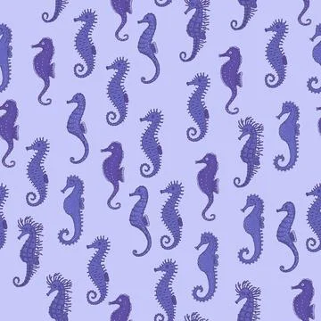 Seamless pattern of blue seahorse. Vector ocean animals underwater life doodle Stock Illustration
