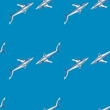 Seamless pattern Blue shark on bright blue background. Texture of marine fish Stock Illustration