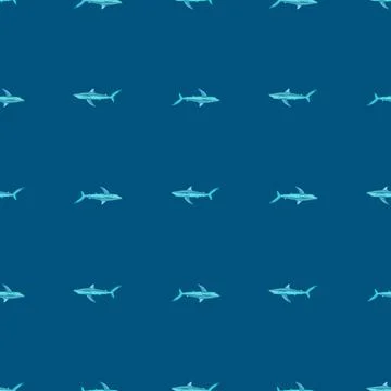 Seamless pattern Blue shark on dark blue background. Texture of marine fish f 스톡 일러스트