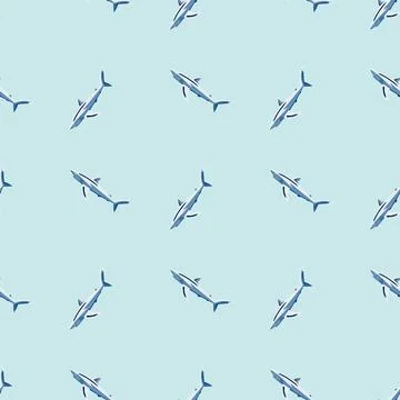 Seamless pattern Blue shark on light turquoise background. Texture of marine  스톡 일러스트