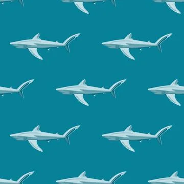 Seamless pattern Blue shark on light teal background. Texture of marine fish  Illustrazione stock