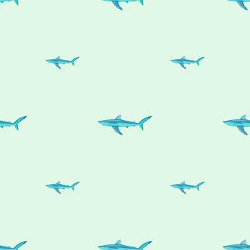 Seamless pattern Blue shark on pastel green background. Texture of marine fis Stock Illustration
