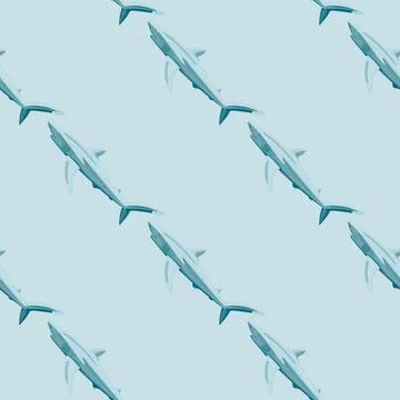 Seamless pattern Blue shark on pastel background. Texture of marine fish for  Illustrazione stock
