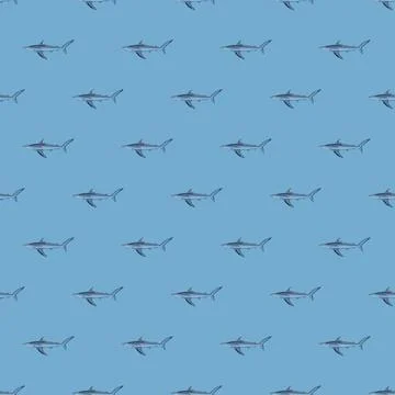 Seamless pattern Blue shark on pastel blue background. Texture of marine fish Stock Illustration